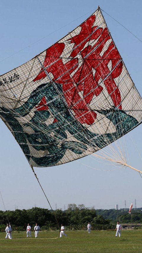 Peserta saat menerbangkan layang-layang terbesar berukuran 14,5 x 14,5 meter dan berat 950 kg selama Oodako Matsuri. Foto: REUTERS / Kim Kyung-Hoon