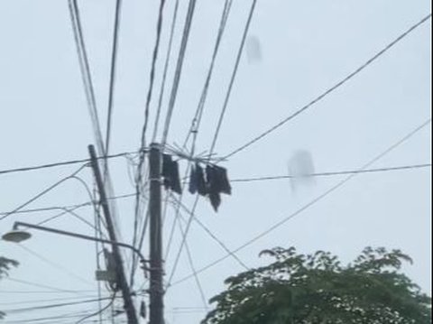 Moment Girl Confused Seeing Laundry Stuck on Electric Pole Cable, Seeing the Contents Makes No One Admit