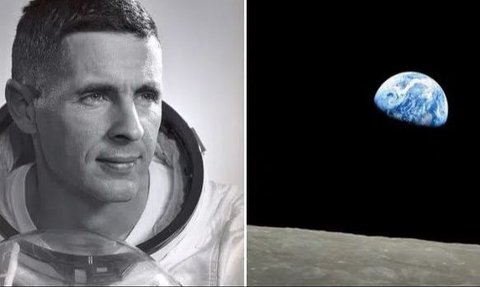 Bill Anders (kiri) bersama foto jepretannya dari Bulan yang sangat ikonik.