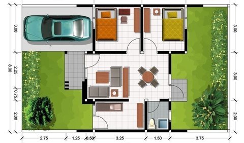 <b>Denah Rumah Minimalis 2 Kamar dengan Taman Hijau </b><br>