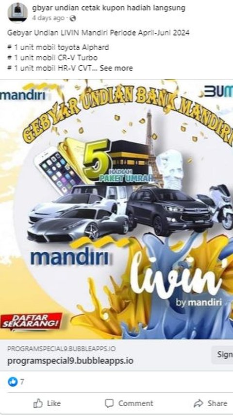 Waspada Penipuan Link Undian Berhadiah Livin' Mandiri, Jangan Langsung Diklik