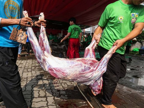 FOTO: Semangat Gotong-Royong Warga  Sembelih Hewan Kurban di Masjid Jami Daarul Falaah, Jakarta Selatan