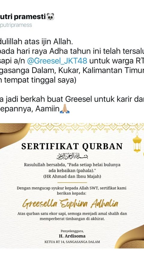Greesel JKT48 Dapat Hadiah Sapi untuk Kurban dari Fans <br>