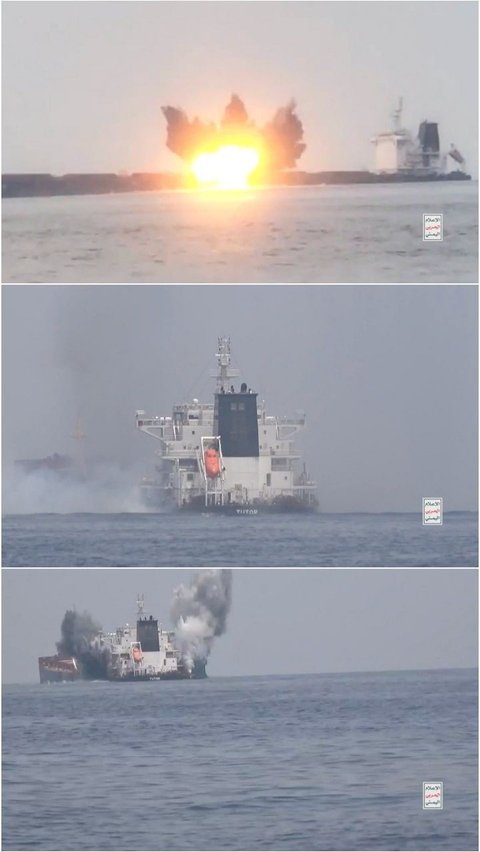 FOTO: Kapal Batu Bara Yunani Meledak Dahsyat di Laut Merah Usai Dihantam Rudal Kendali Jarak Jauh Pasukan Houthi