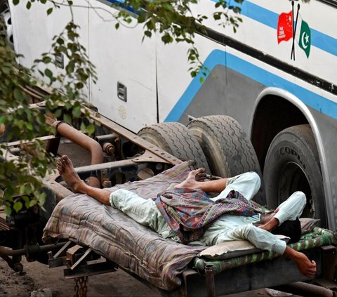 Dalam sebuah pemandangan yang menarik ini, para sopir bus di sebuah terminal di Lahore terlihat tidur nyenyak di atas ranjang di bawah pohon-pohon yang rindang. Foto: ARIF ALI / AFP<br>