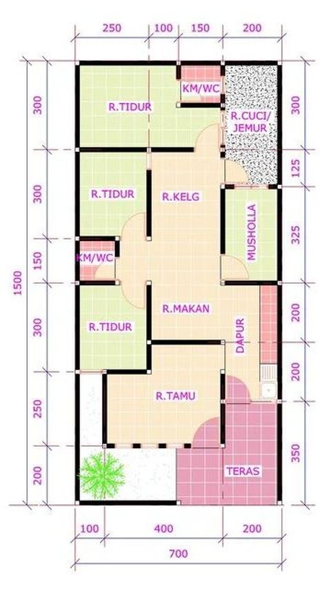 Desain Rumah dengan 3 Kamar Tidur dan 1 Mushola Bangunan Memanjang