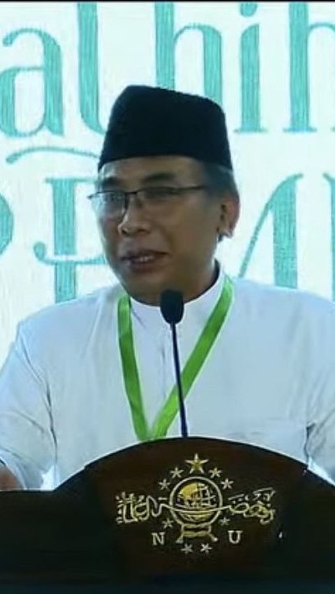 Ketum PBNU Gus Yahya di acara halal bihalal. Acara halal bihalal PBNU ini dihadiri presiden dan wapres terpilih, Prabowo Subianto dan Gibran Rakabuming Raka. (Foto: Istimewa)
