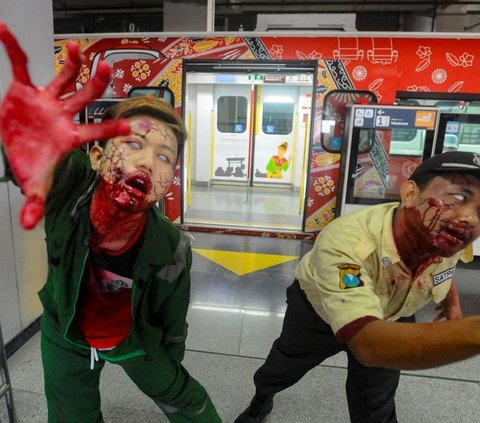 FOTO: Menguji Nyali Merasakan Sensasi Horor Dikejar Zombie Naik Kereta LRT di Stasiun Pegangsaan Dua