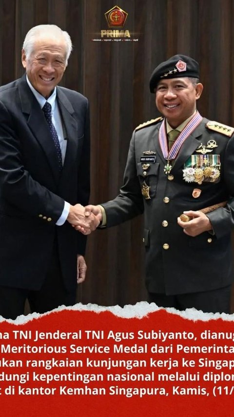 Selamat! Penghargaan untuk Panglima TNI Agus Subiyanto, Berhasil Perkuat Hubungan Pertahanan dengan SAF Dapat Medal Singapura