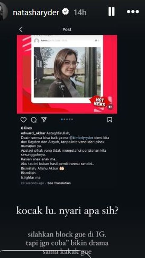 Aktris berusia 25 tahun itu menanggapi sinis unggahan Edward yang meminta Kimberly memikirkan kembali keputusan untuk bercerai.