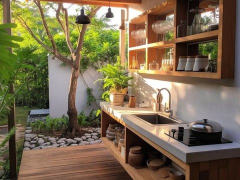 Desain Dapur Minimalis Sederhana di Desa dengan Aksen Batu Bata dan Tanah Liat