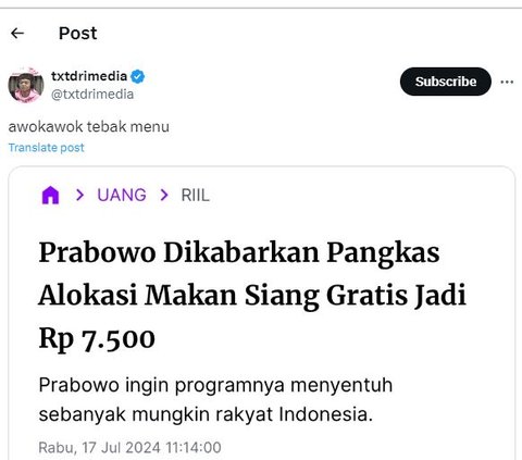 Funny Reactions from Netizens Responding to Prabowo's Nutritious Meal Program at Rp7,500