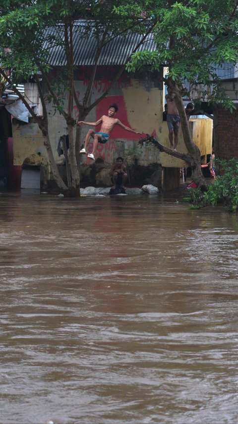 Tanpa pengaman apapun, mereka dengan santai melompat dari pohon dan bangunan, lalu menceburkan dirinya ke aliran Kali Ciliwung. Merdeka.com/Imam Buhori