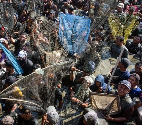 FOTO: Desak-Desakan Nyebur ke Air, Ribuan Warga Klaten Rebutan Serok 2 Ton Ikan di Waduk Gumblegan