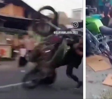 Seorang pria yang berusaha menunjukkan gaya-gayaan dengan atraksi motor di Karnaval Nganjuk akhirnya mengalami nasib buruk setelah menabrak sekelompok anak-anak.