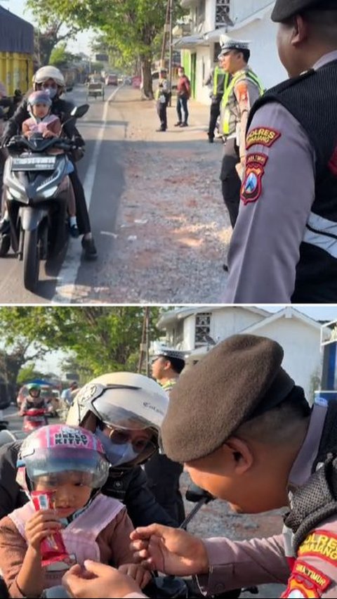 Momen Polisi Beri Hadiah saat Temui Anak yang Pakai Helm ketika Berkendara Bareng Orang Tuanya, Aksinya Banjir Pujian<br>