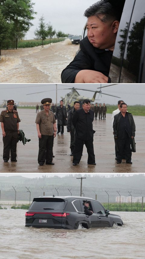 FOTO: Momen Kim Jong-un Pantau Banjir Parah di Korea Utara, Rela Hujan-hujanan dan Terjang Genangan Naik SUV Mewah