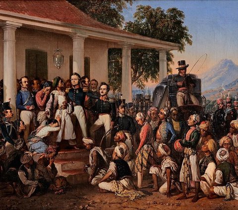 Raden Saleh menempatkan Diponegoro dan Jenderal De Cock dalam satu tingkat tangga yang sama. Berbeda dengan Pieneman yang melukis Diponegoro berada lebih rendah.