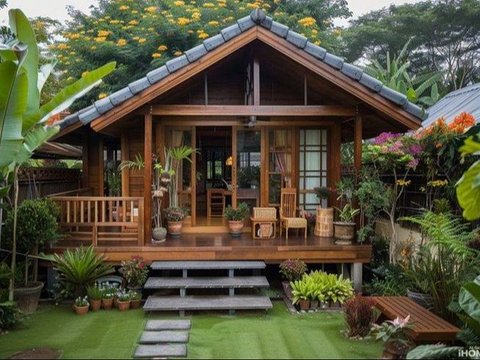 Rumah Kayu dengan Atap Miring dan Banyak Tanaman