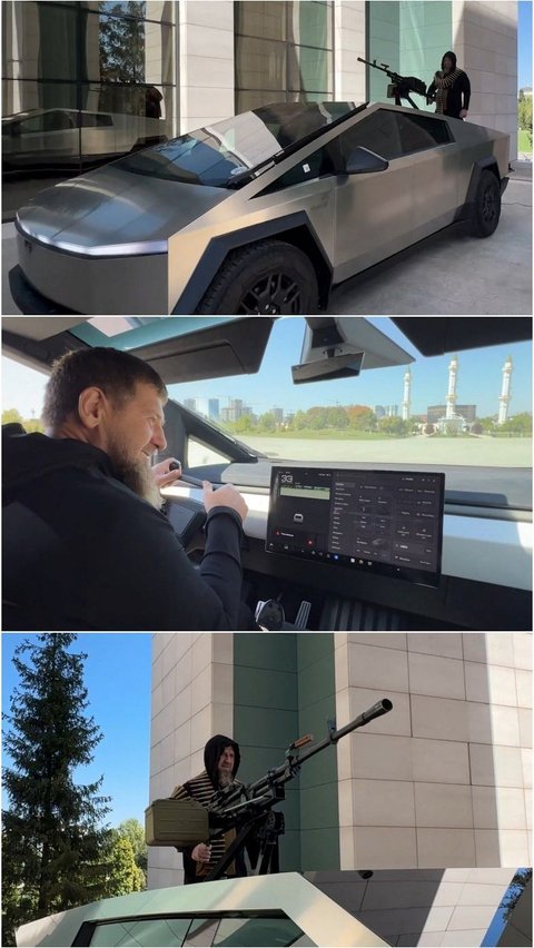 Pemimpin Chechnya, Ramzan Kadyrov, memperlihatkan mobil canggih Tesla Cybertruck yang dilengkapi dengan senapan mesin pada bagian atasnya.