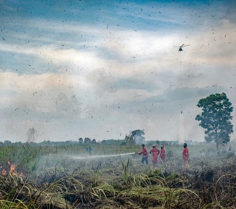 Petugas pemadam berusaha menjinakkan kebakaran hutan di Ogan Ilir, Sumatera Selatan, pada 27 Agustus 2024. Memasuki musim kemarau, kebakaran hutan dan lahan (karhutla) dilaporkan terjadi Ogan Ilir. Foto: Al Zulkifli/AFP