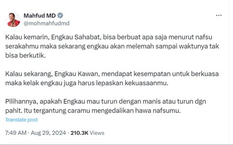 Saat Mahfud MD Singgung Hawa Nafsu Kekuasaan Sudah Melemah Ingatkan Akhir yang Pahit