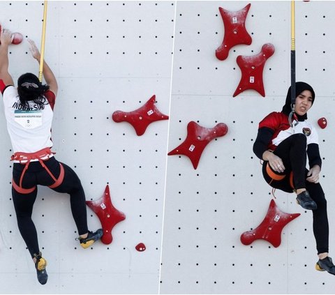 Mereka adalah Desak Made Rita Kusuma Dewi dan Rajiah Sallsabillah yang berhasil mencapai babak perempat final nomor kecepatan Olimpiade Paris 2024 setelah berlaga di babak qualifying seeding di Le Bourget Climbing Venue pada Senin (5/8/2024). Foto: REUTERS / Benoit Tessier