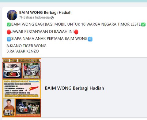 Waspada Penipuan Giveaway Mobil Bagi Warga Timor Leste Catut Nama Baim Wong