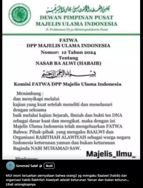 Viral MUI Keluarkan Fatwa Tentang Nasab Habaib, Cek Faktanya