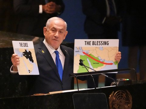 FOTO: Momen PM Israel Benjamin Netanyahu Pidato di Sidang Umum PBB Diwarnai Aksi Walk Out Sejumlah Negara