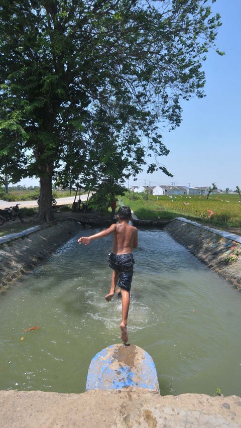 FOTO: Suhu di Bekasi Menyengat, Anak-Anak Asyik Main Air di Saluran Irigasi