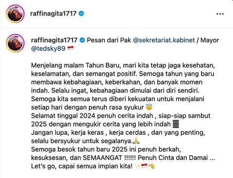 Mayor Teddy menyampaikan pesan khusus untuk Raffi Ahmad menyambut Tahun Baru 2025. Selain kerja cerdas, ia menyinggung 2024 penuh cerita indah. (Foto: Dok. Instagram @raffinagita1717)