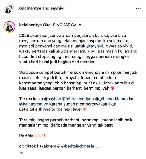 Setelah Neida Aleida pamit, Keisha Cinantya direkrut sebagai vokalis baru HiVi. Ia sempat mengubur mimpi besar berkarier setelah menjadi seorang ibu. (Foto: Dok. Instagram @keicinantya)
