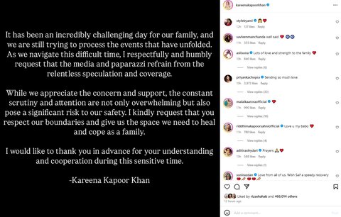 Pernyataan Resmi Kareena Kapoor Soal Penikaman Saif Ali Khan Oleh Perampok di Rumah Mereka