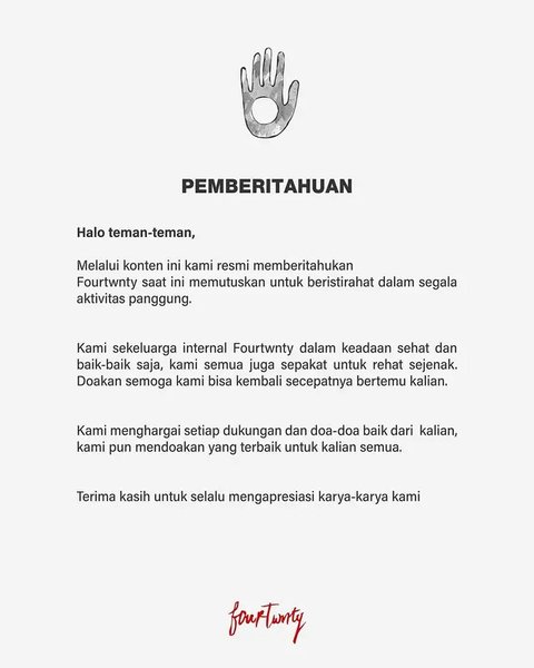Fourtwnty Secara Tiba-Tiba Umumkan Rehat Sejenak. (instagram/fourtwntymusic)