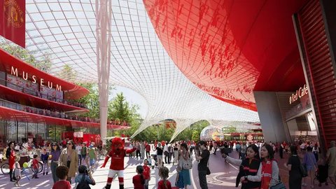 Sir Jim Ratcliffe, melihat maket, desain calon stadion baru Manchester United. (Bola.com/X ManUtd)