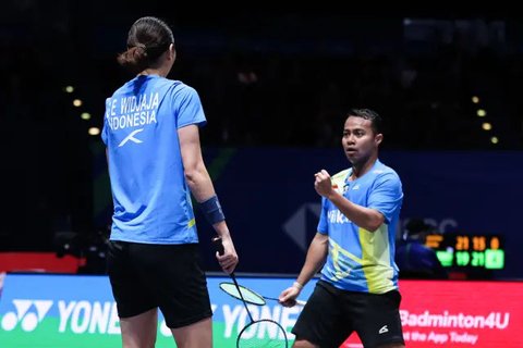 Ekspresi tunggal putra Indonesia, Jonatan Christie, pada babak 16 besar All England 2025, di Utilita Arena, Birmingham, Inggris, Kamis (13/3/2025). (PBSI)