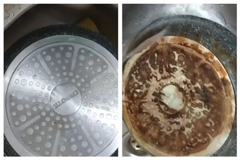 Noda gosong pada panci. Foto: TikTok/@resephematmudah