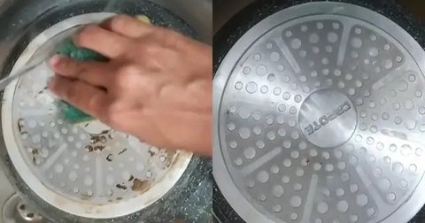 Mencuci panci setelah digunakan. Foto: TikTok/@resephematmudah