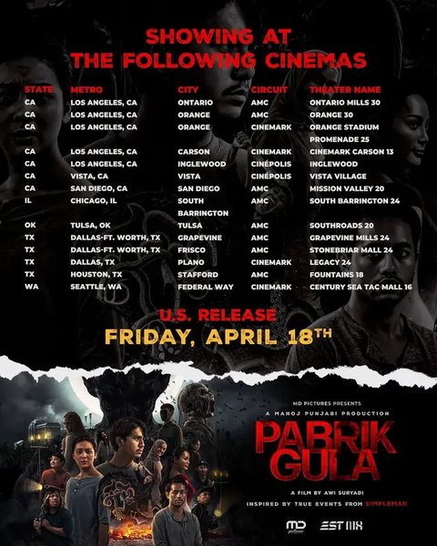 Keren dan Bikin Bangga, Film Pabrik Gula Bakal Tayang di 14 Bioskop Amerika Besok 18 April, dari Chicago hingga Los Angeles