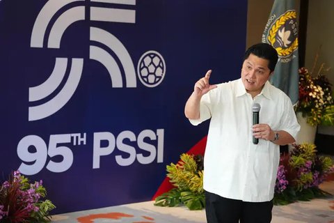 Erick Thohir di acara HUT ke-95 PSSI yang dilangsungkan di The Meru, Sanur, Bali, Sabtu (19/4/2025).