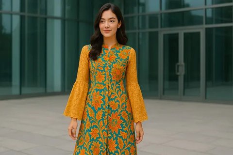 Model Dress Batik Kombinasi Brokat Lengan Panjang (AI)