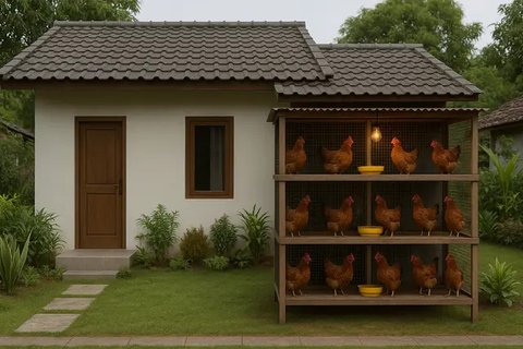 Model Rumah di Desa dengan Kandang Ayam di Belakang/AI
