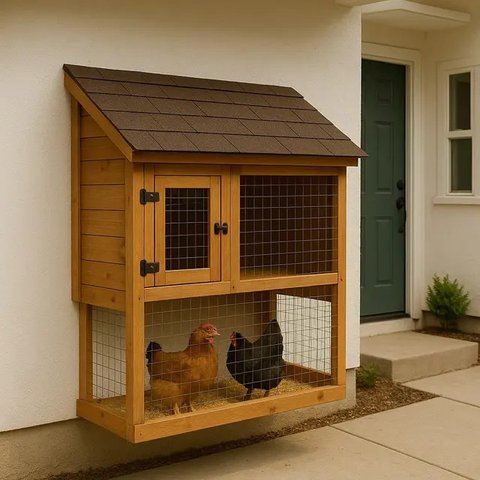 Model Rumah di Desa dengan Kandang Ayam di Belakang/AI