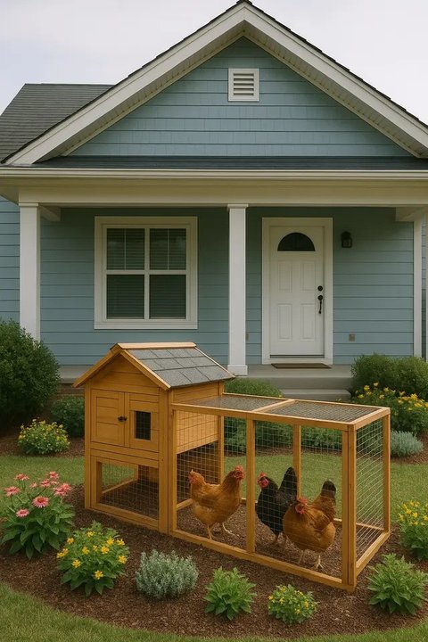 Model Rumah di Desa dengan Kandang Ayam di Belakang/AI