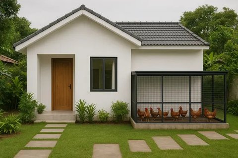 Model Rumah di Desa dengan Kandang Ayam di Belakang/AI