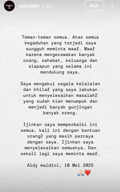 Aldy Maldini Eks CJR Dikabarkan Menipu Fans, Minta Maaf dan Mengaku Khilaf