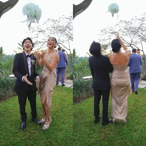Ari Irham dan Taskya Namya, groomsmen dan bridesmaid di pernikahan Maxime dan Luna, juga ikutan tangkap dan lempar bunga.