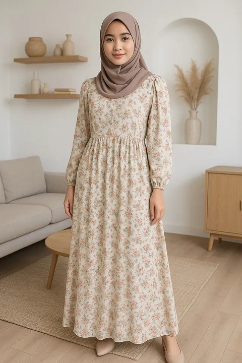 7 Model Gamis Motif Bunga yang Memikat Hati, Tampilan Gaya Feminin Tapi Stylish (sumber: AI)