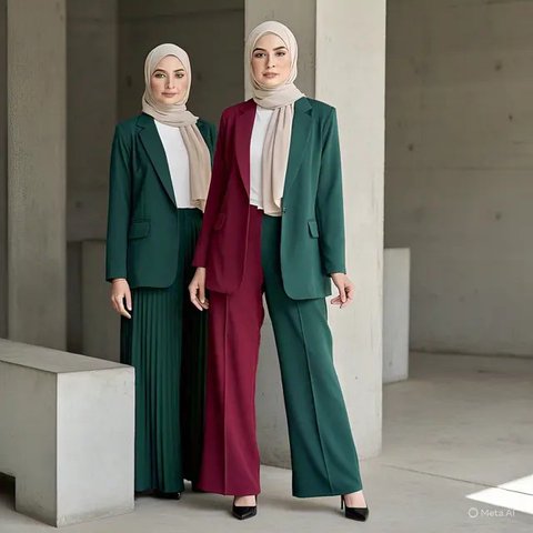 Setelan Blazer Oversize dengan Rok Plisket. (Liputan6.com/MetaAi)